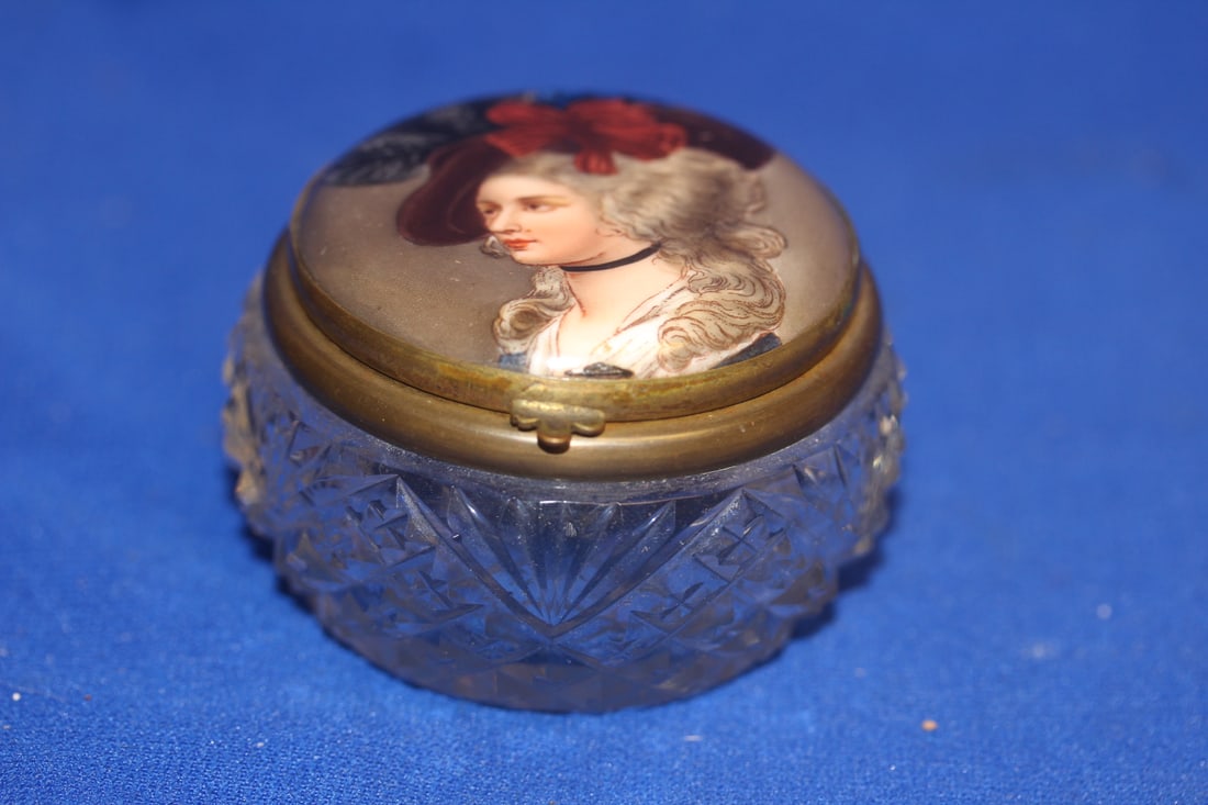 Porcelain and Cut Glass Jar: hand painted- 2 5/8" in diameter