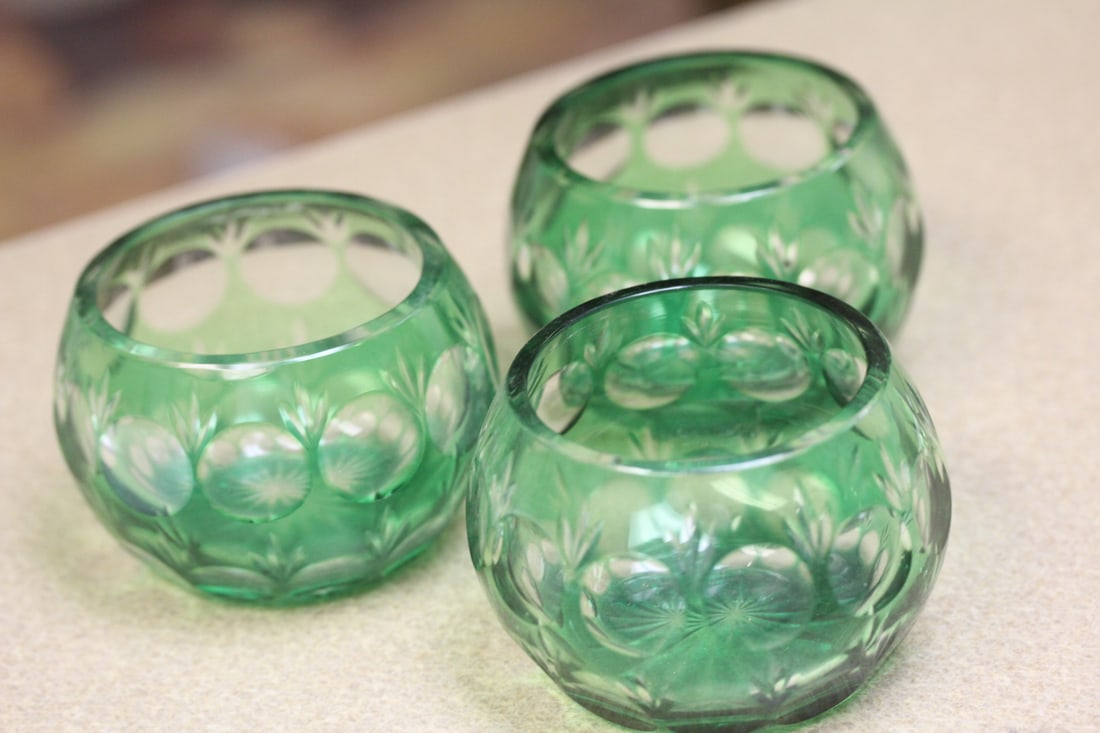 Set of 3 Cut Glass Bowl: green colour - each bowl= 3 1/4" in diameter