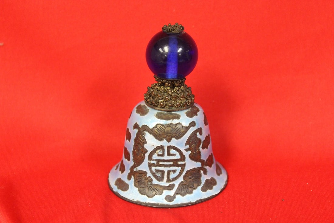 A Chinese Enamel Bell with Peking Glass Finial: Most likely 19th century - 4" tall