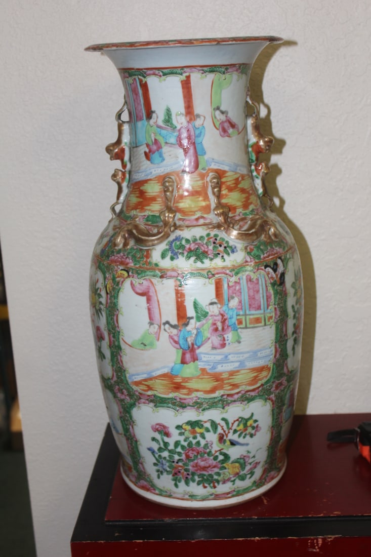 Antique Chinese Rose Medallion Floor Vase: 19th century - 18 inches tall