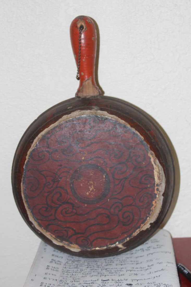 Antique Chinese Drum?: with handle - please note: worn as shown - approximately 9" in diameter without the handle