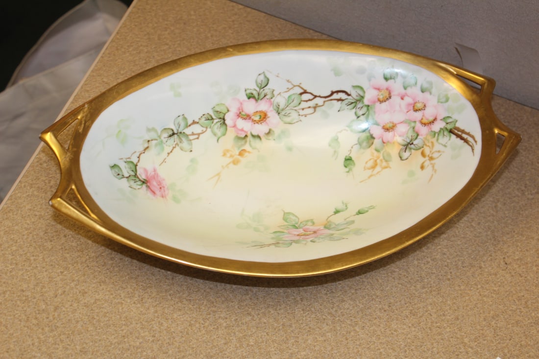 Hutschenreuther Selb Large Bowl: hand painted - two handles - ceramic - please note: one handle restored as shown - 13 5/8" across