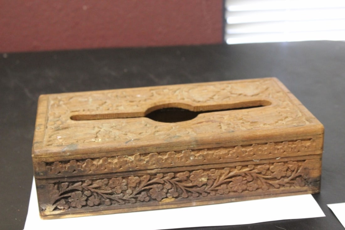 A Carved Wooden Tissue Box: 11" x 6" x 3"