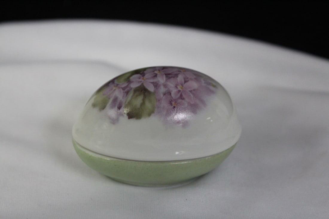 AN Artist Signed Porcelain Trinket Box: handpainted - egg shape - 2 3/8" across