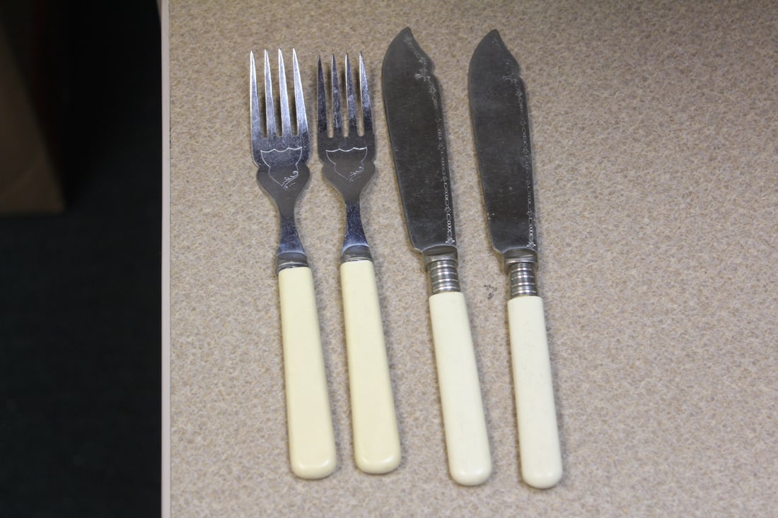 Celluloid Fork and Butter Knives: total of 4 - England