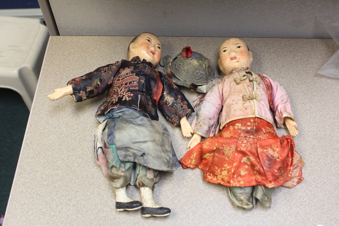 Lot of 2 Antique Chinese Dolls and Hats: please note: as found, broken limbs etc - tallest = 12"