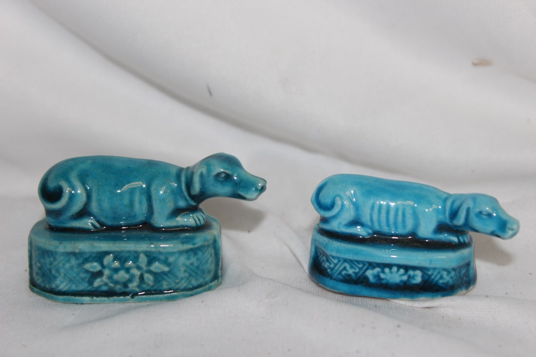 Pair of Chinese Turquoise Glazed Ceramic Dogs: marked China - early 20th century - longer = 2 7/8"