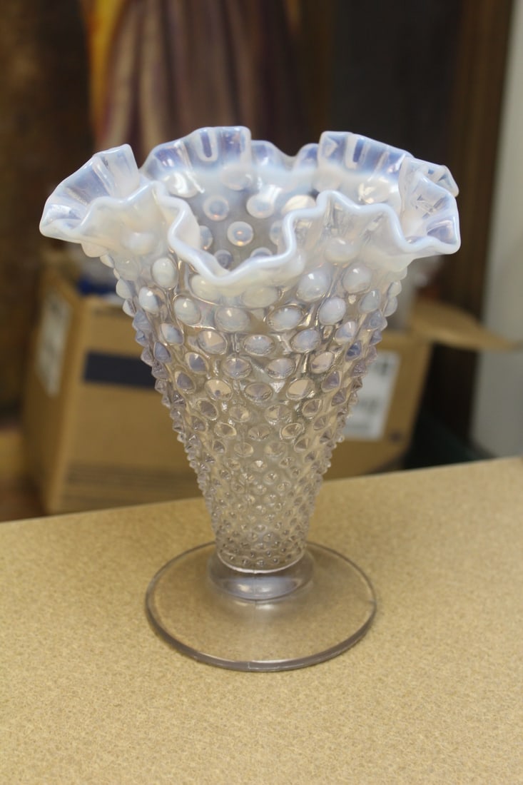Hobnail Glass Flared Vase: foliated rim - possibly fenton - 7 7/8" tall
