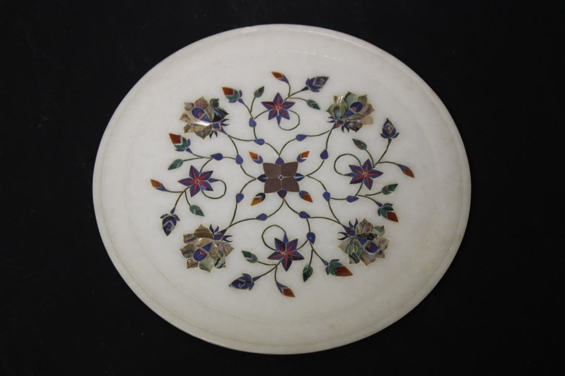 Vintage Mother Of Pearl Inlaid on Marble Tray: or plate - very well made - 9 1/8" in diameter