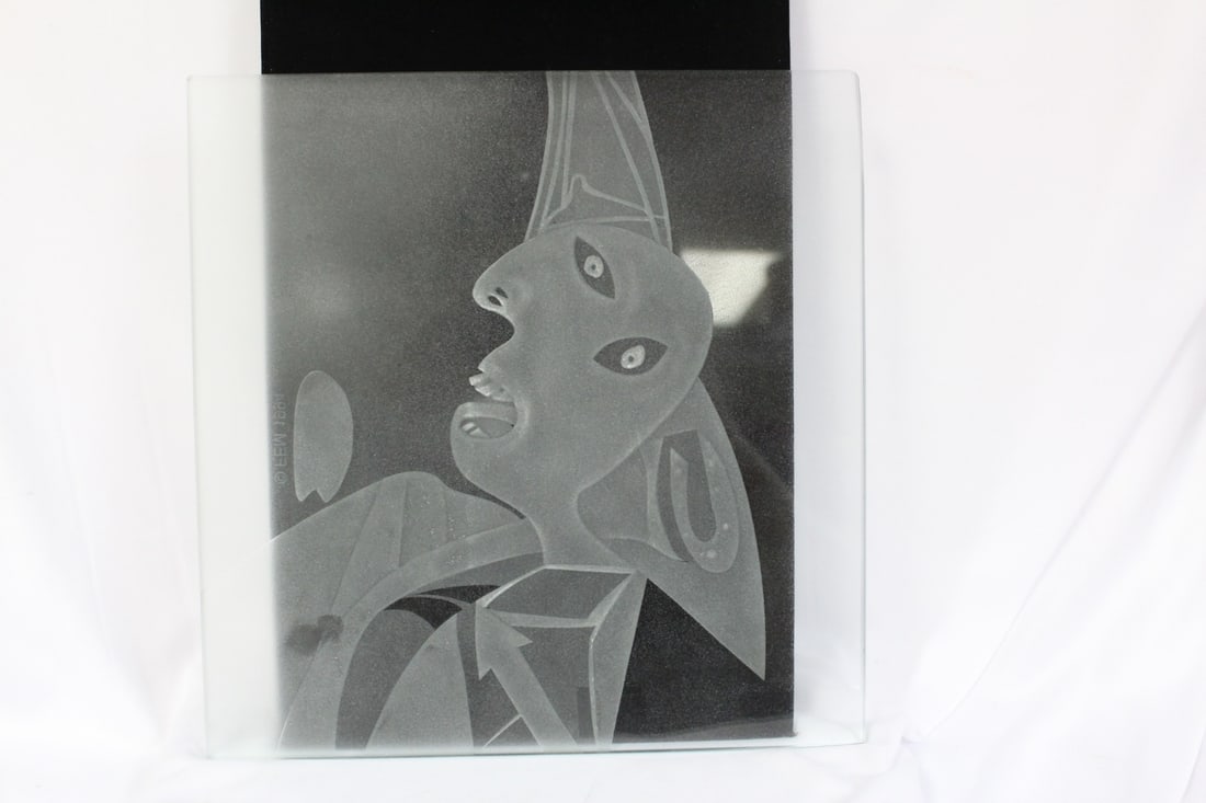 A Modern Style Etching on Glass: one corner has been smoothed out, possibly by design - 9 5/8" x 9 7/8" - FEM 1994 : do not know what it means