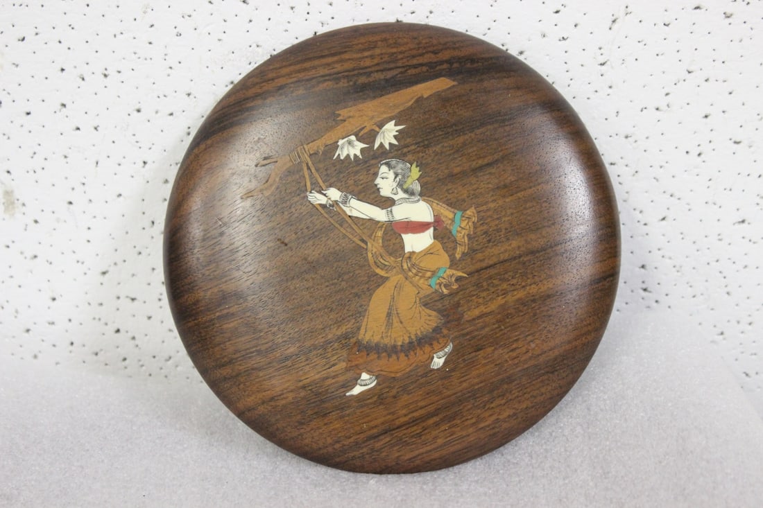 A Wooden, Bone Inlaid Wall Hanger: 6 1/8" in diameter