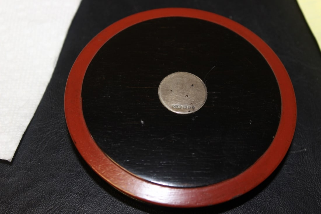 A Lacquer or Wood and Sterling Round Box: 3 3/4" in diameter - possibly English