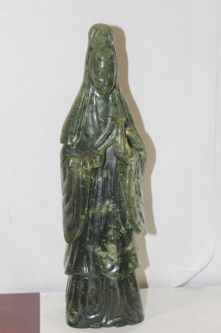 A Fine Chinese Spinach Jade Kwan Yin: 12" tall