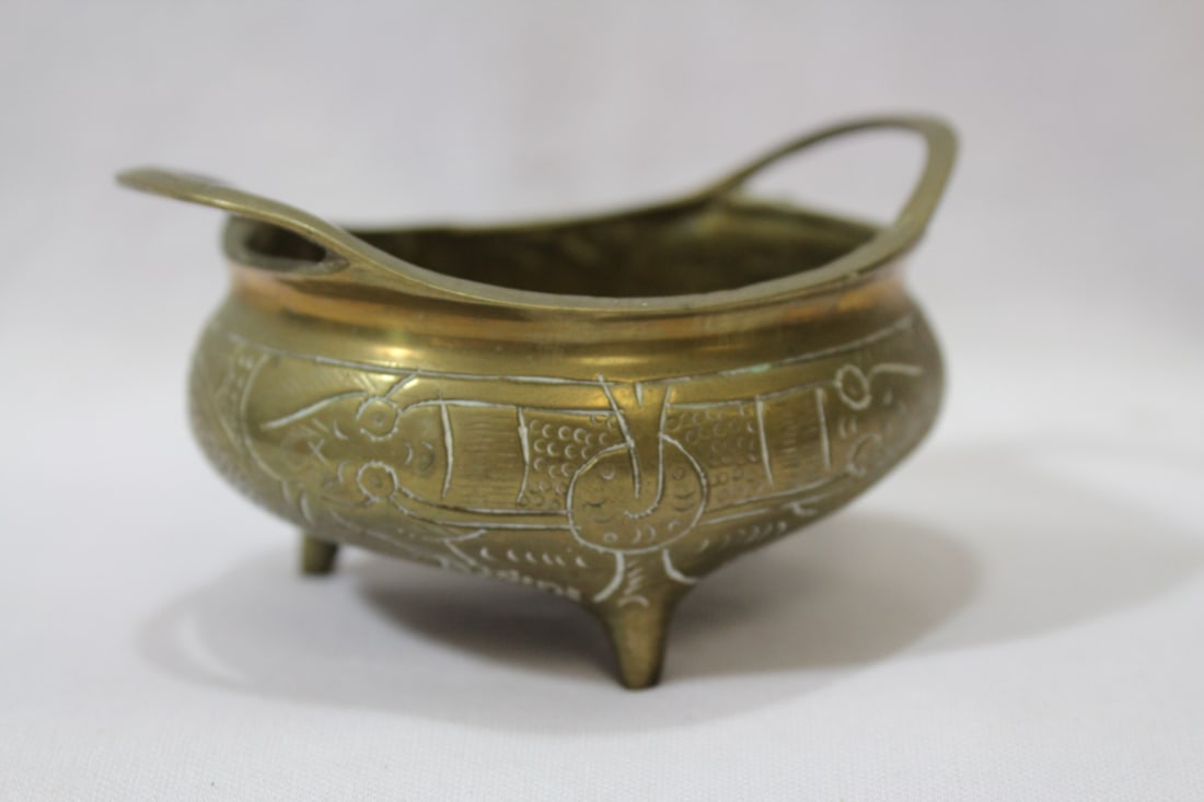 A Signed Chinese Brass or Bronze Basin: with handle - 4" across