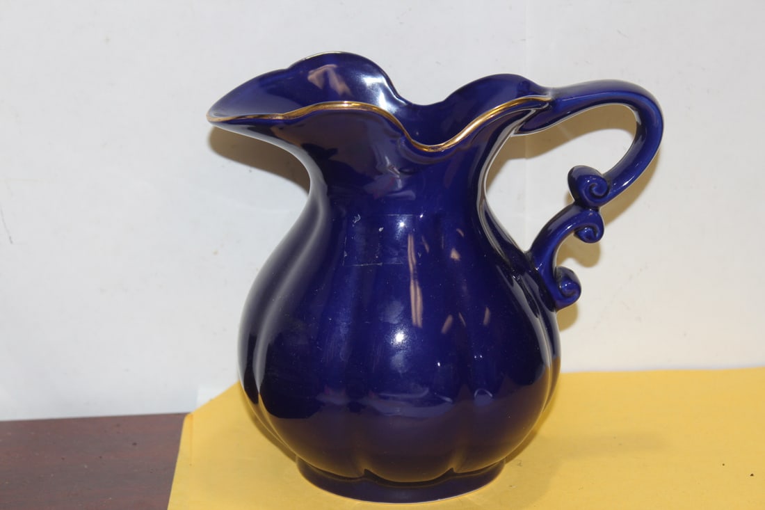 A Vintage Cobalt Blue Ceramic Pitcher: 6 1/2" tall