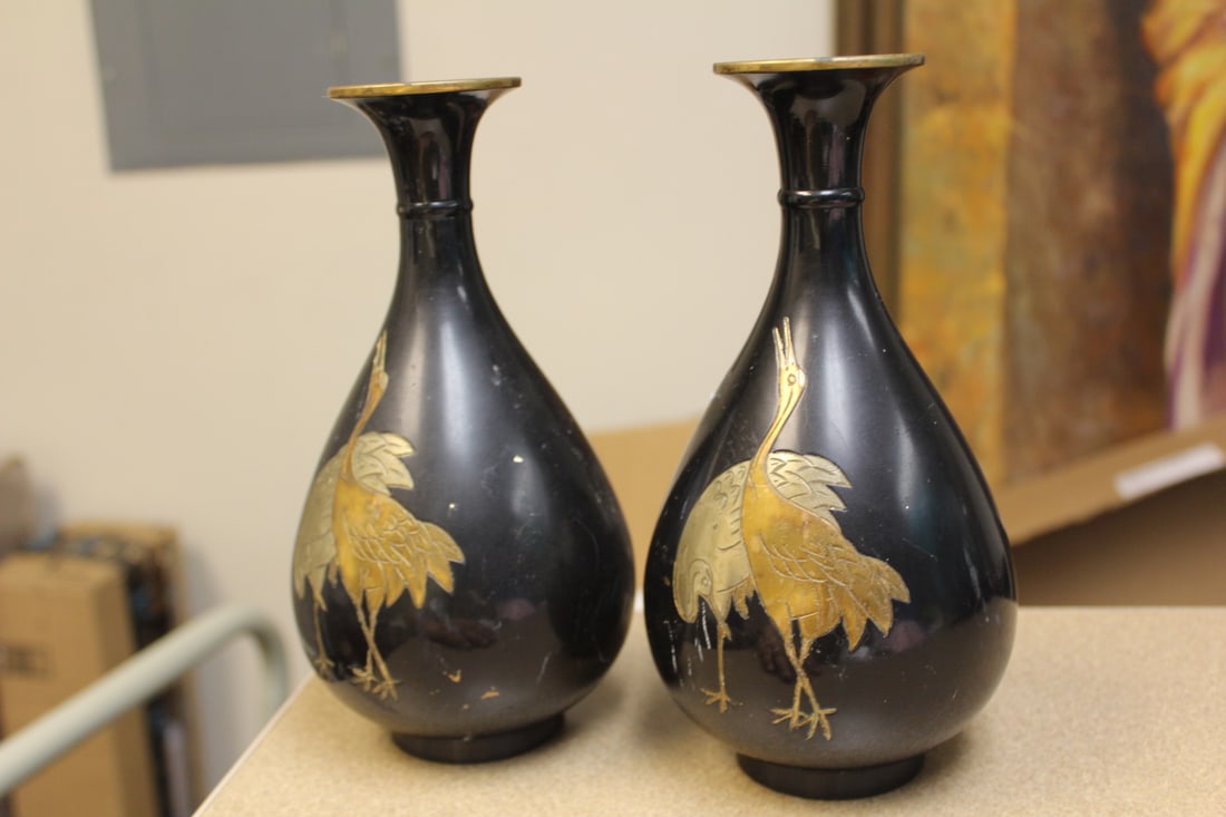 Pair of Japanese Mixed Metal Vases: expressive design - limited edition - please note: worn - 8 1/2" tall each