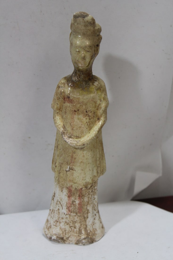 A Polychrome Tang Dynasty? Earthenware Attendant: still have traces of color left - 8 1/8" tall
