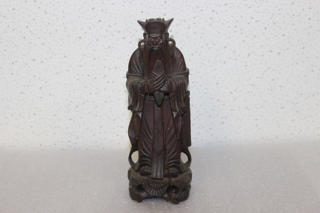 A Vintage Chinese Wooden Figure: 8 1/8" tall - please note: cracks and separation due to age