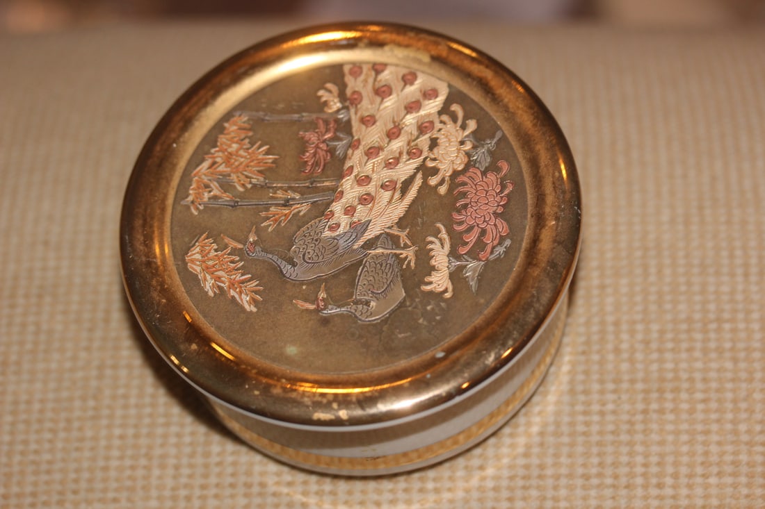 Gold Gilted Peacock Trinket Box: Japanese - 3 7/8" in diameter