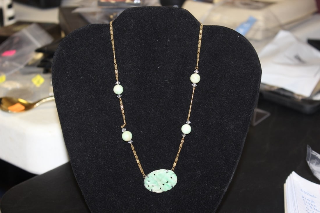 An Art Deco Gold Filled and Sterling Jade Pendant: and Chain - Large jade measures at 1 1/2" wide - overall= 8 1/4" long
