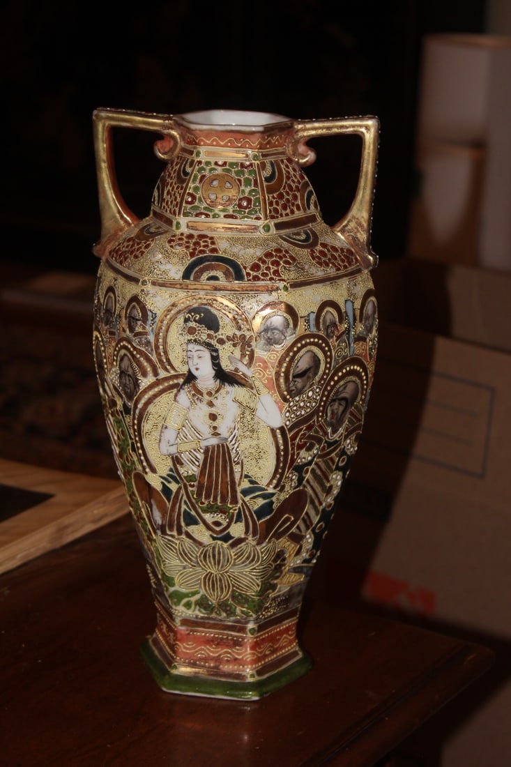 Antique Important Signed Japanese Moriage Vase: with two handles - face motif with Shimazu family crest - 12 1/4" tall
