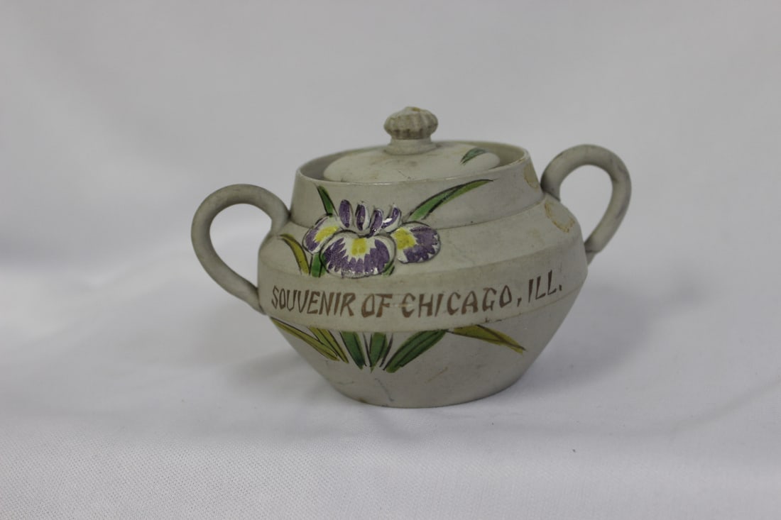 A Vintage Japanese Pottery Sugar Container: please note: one handle restored - 4 1/4" across