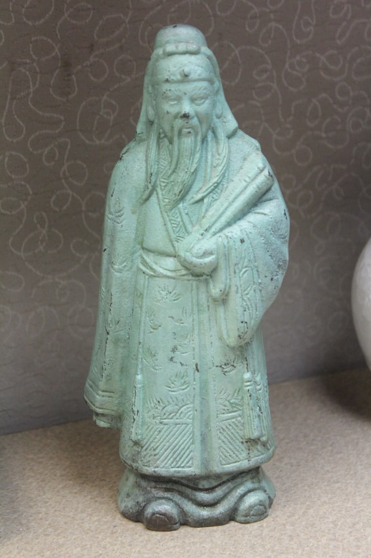 Chinese Bronze Wise Man: painted in green - 9" tall