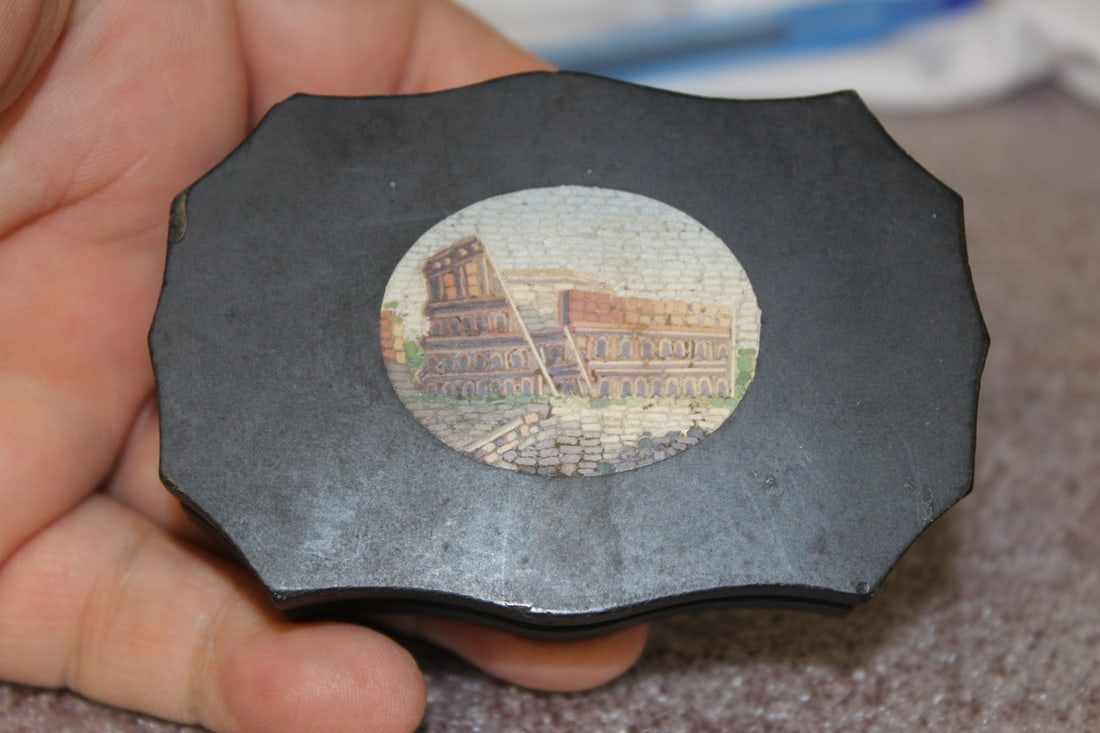 An Italian Micro Mosaic Black Slate Paperweight: Very rare - 3 1/8" across