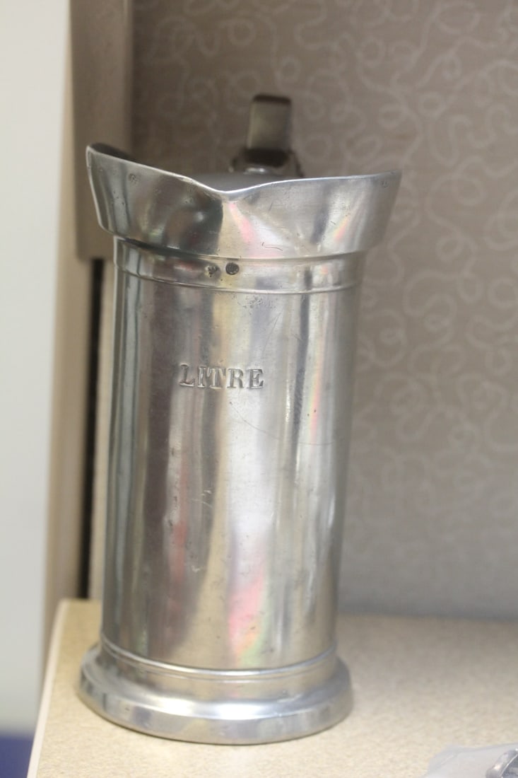 Antique Pewter Pot: various marking all over, however exact origin unknown - 8 3/4" tall