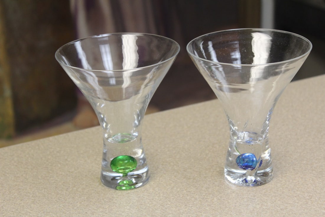 Lot of 2 Art Glass Cups: please note: both have issues: one has an internal crack and the other one has a rim fleabite - both as shown - 5 1/4" tall
