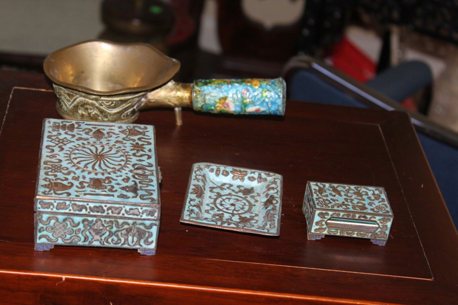 Lot of Four Antique Chinese Enamel / Iron Articles: A smoking set and an iron. Circa 19th/20th Century.