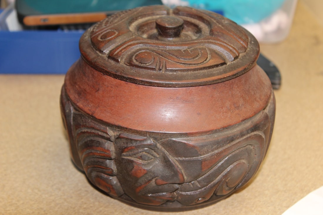 Signed Carved Wood Container: signed : Hecho Amano - 5 1/2" across