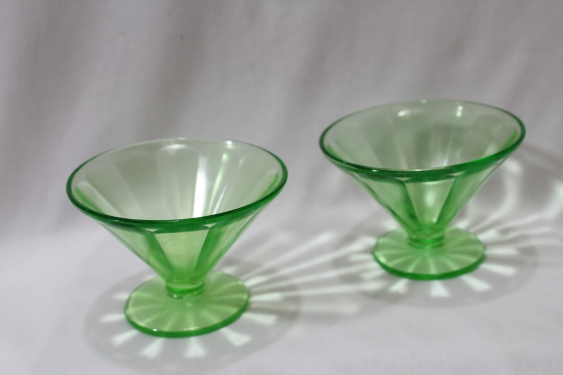 A Pair of Vaseline Glass Cups: 4" in diameter - marked F