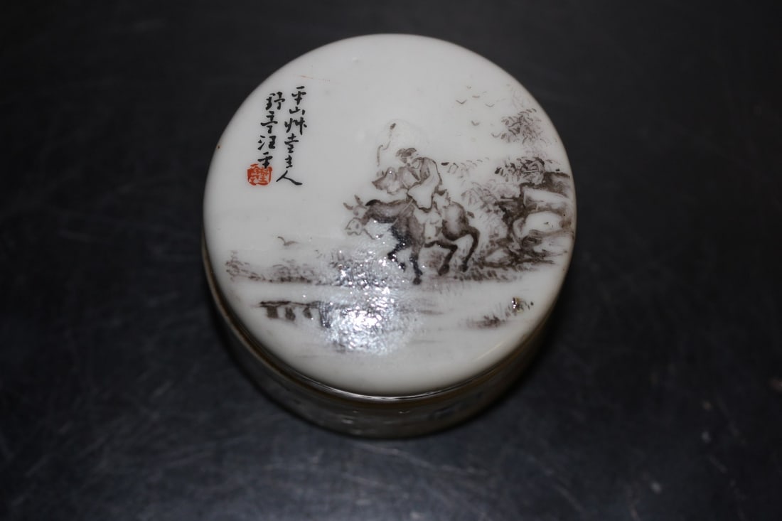 A Signed Chinese Porcelain Box by Wang Yeting: one of the most famous republic artist in China - rare form - please note= one rim chip possibly due to manufacturer's defect, but you will be the final judge -2 1/8" in diameter x 1 5/8" tall