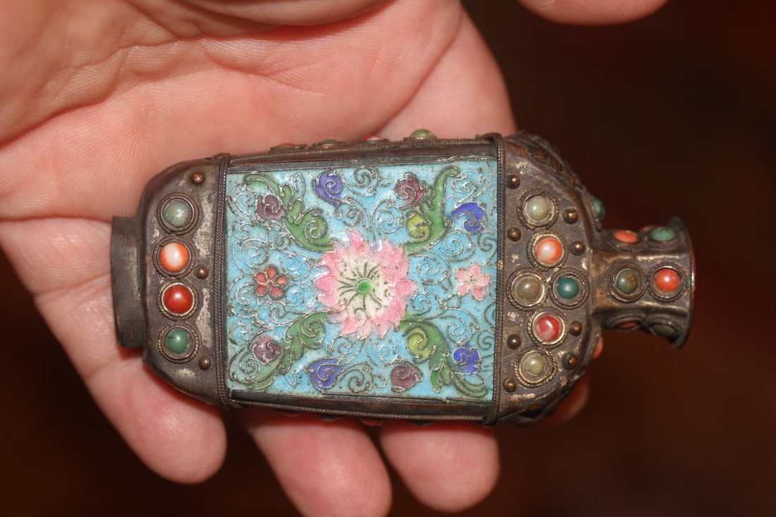 Chinese Enamel and Jeweled Snuff Bottle: antique - please note: no spoon or top - early 1900's - 3 1/2" tall