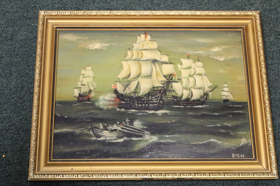 An Oil on Masonite Clippership: signed: Bish - overall= 16 1/2" x 12 1/2" - this is a very well done painting - good subject matter