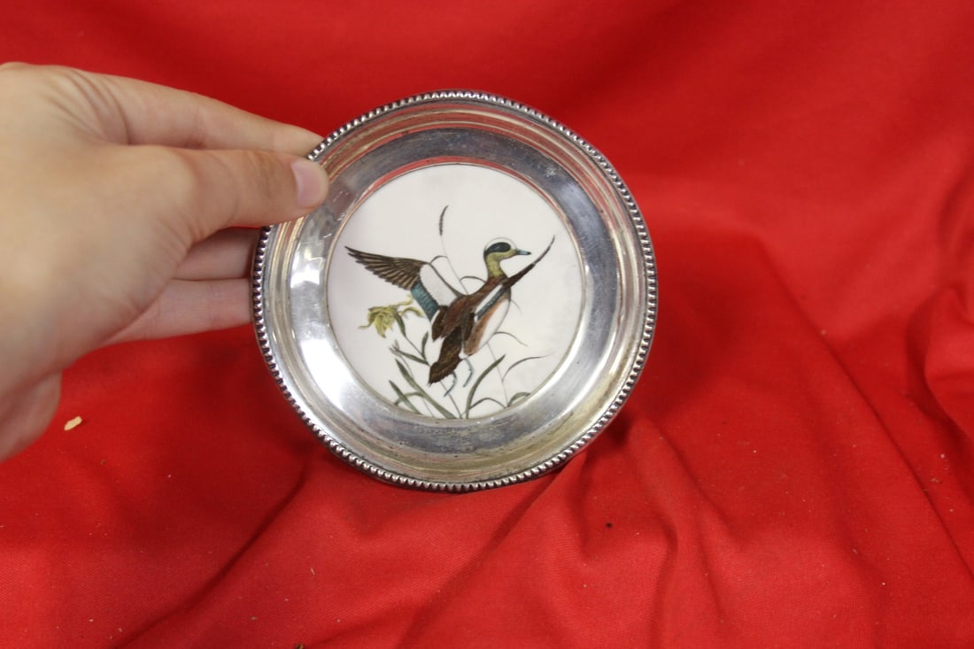 A Sterling Rim Small Plate: marked sterling - small plate by Frank Whiting - 4 1/4" in diameter