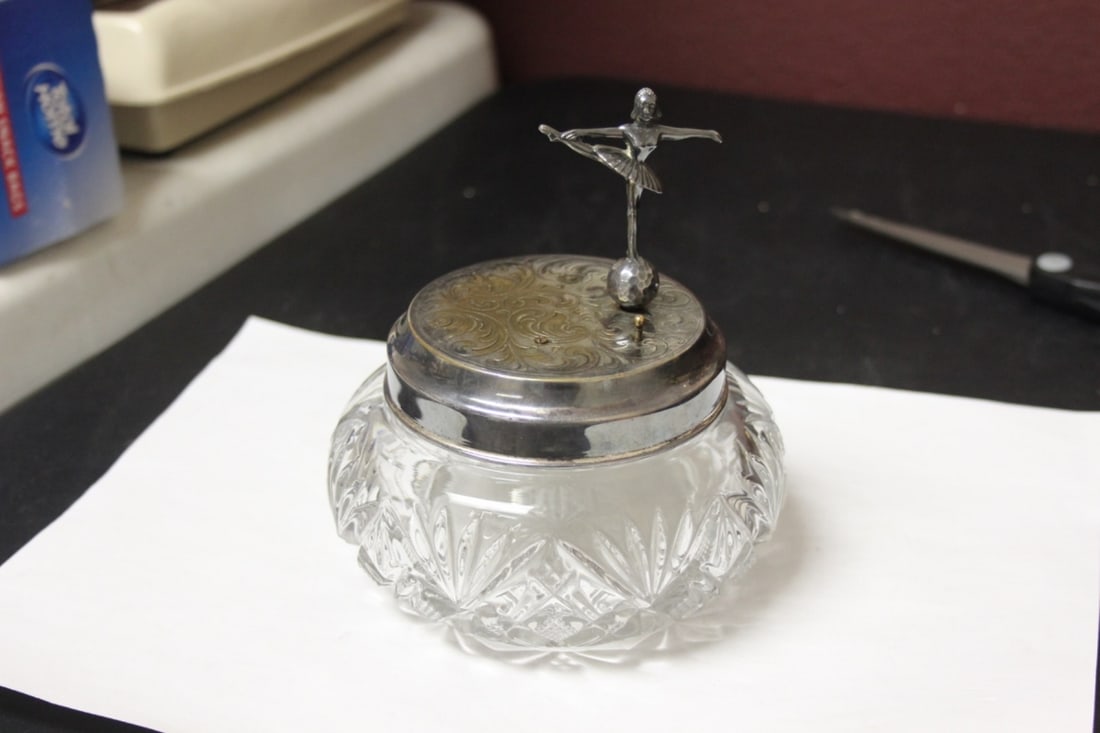 A Glass Jar Top: Music not working - needs some adjustment - overall= 5 7/8" tall - marked: Made in West Germany