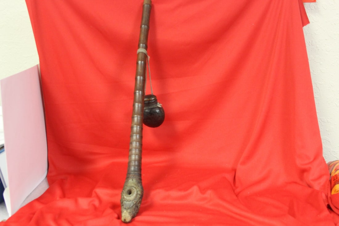 An Antique/Vintage Smoking Pipe: made out of bamboo - with an inro? - 19 1/2" long