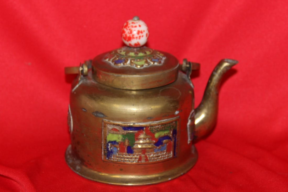 An Antique/Vintage Brass Chinese Teapot: With Peking glass finial - Marked China - early 20th century - 5 inches tall till the top of the peking glass