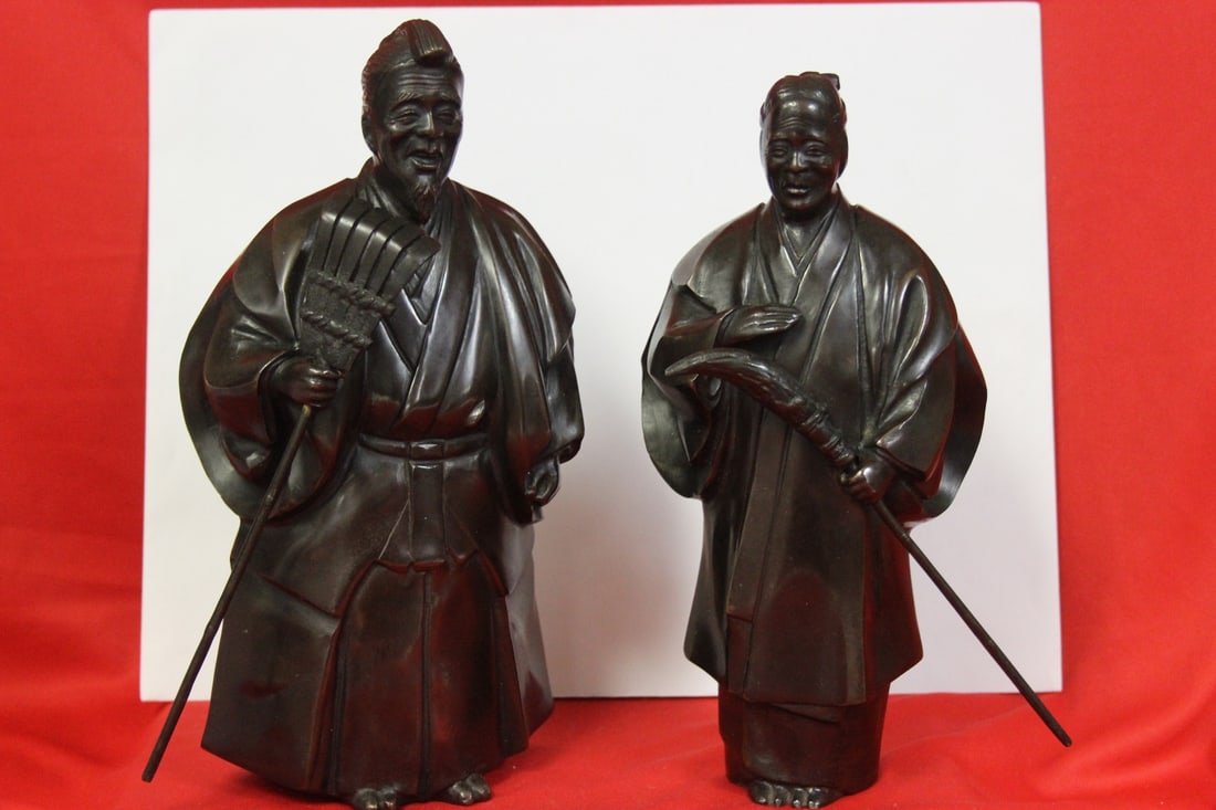 Pair of Japanese Bronze Statues: man and woman - taller= 9 3/4"