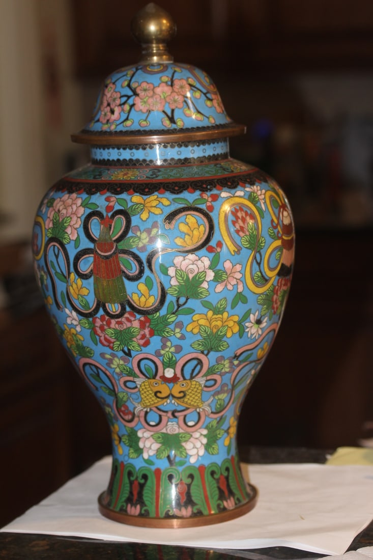 Antique Chinese Cloisonne Covered Urn: beautifully designed - marked "China" - from the Republic period - 16 inches tall