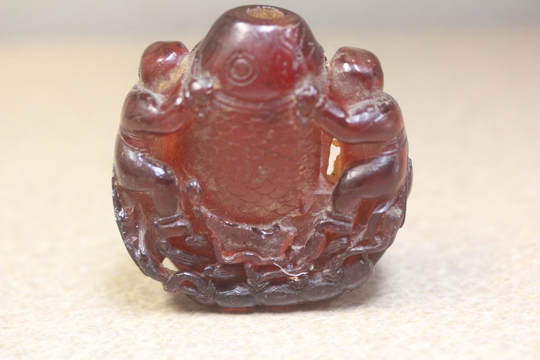 Amber or Amber Style Carved Snuff Bottle: please note: no stopper - 2" wide