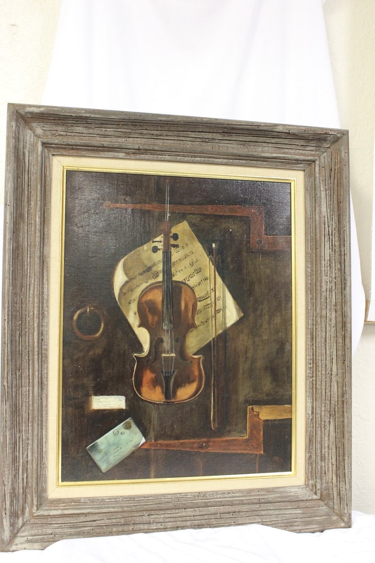 An Oil on Canvas of a Violin: Probably 1950's - overall = 25" x 20 1/4"