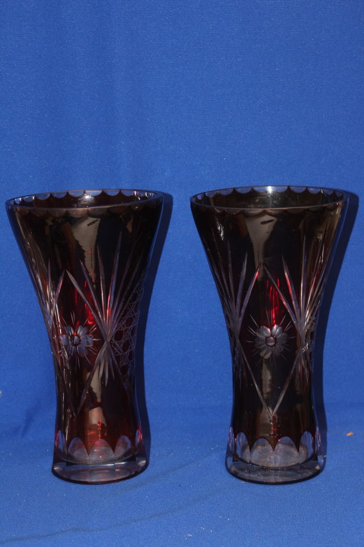 A Pair of Ruby Red Cut Glass Vases: 9 7/8" tall each