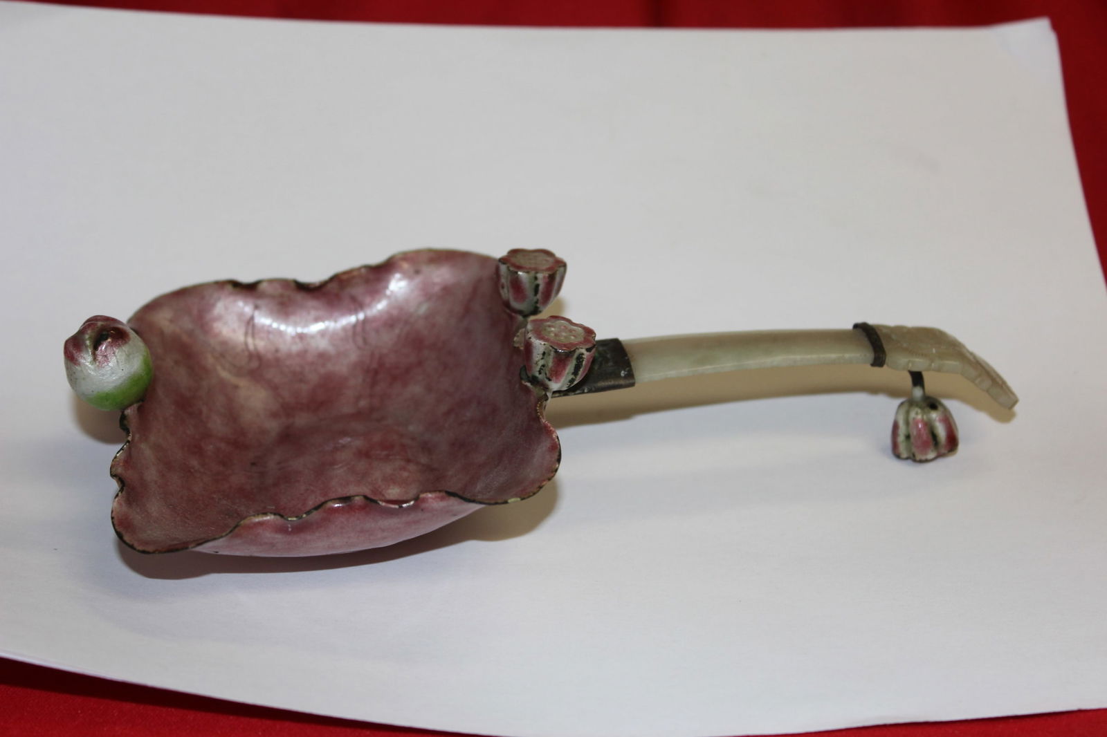 Antique Chinese Cloisonne Jade Handled Spoon: 19th / 20th Century - overall 7 3/4" long.