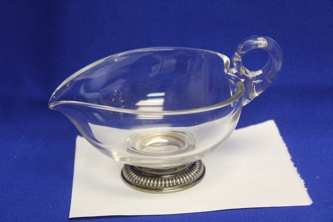 A Sterling Rim Bowl with Handle: handle to spout is approximately 6 inches long