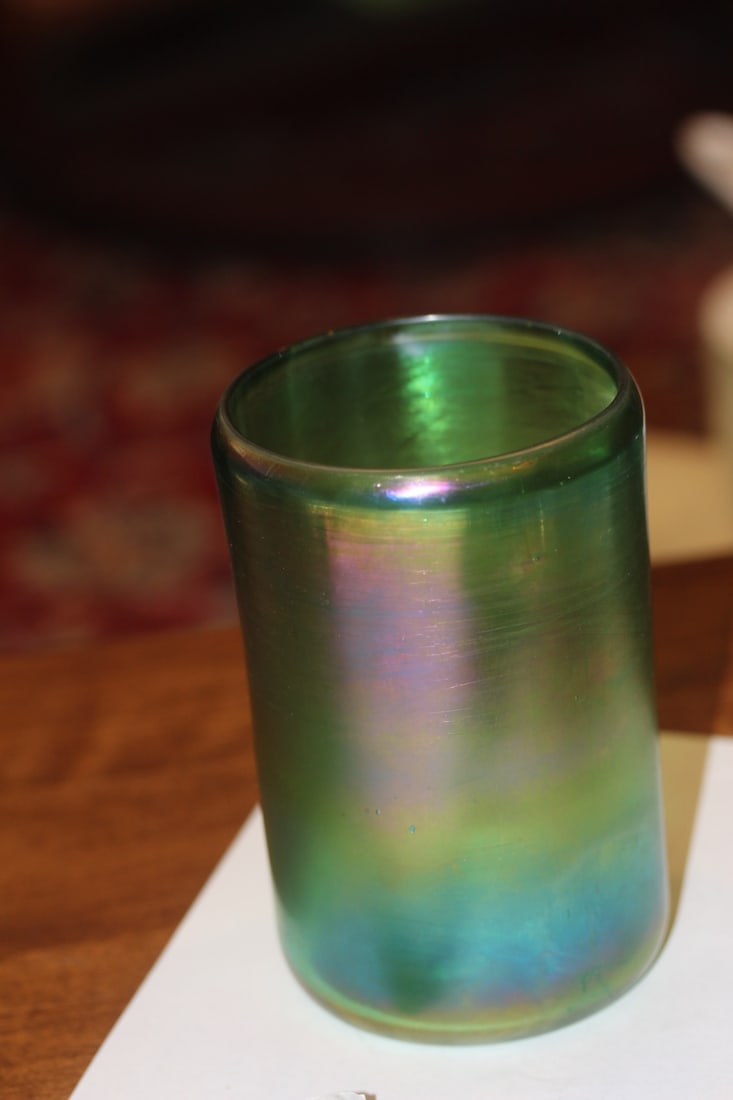 Artglass Iridescent Cylinder Vase: or tumbler - 5 1/8" tall