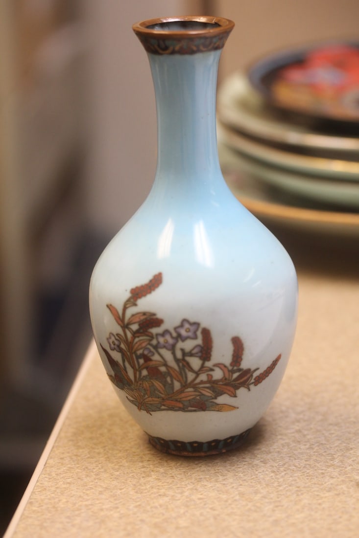 Antique Small Japanese Cloisonne Vase: please note: hairlines as shown - 6 inches tall