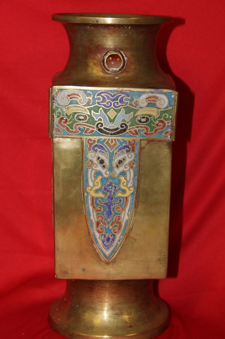 A Chinese/Asian Vintage Brass/Bronze Vase: Unusual form - 11 1/2" tall - early to mid 20th century - signed